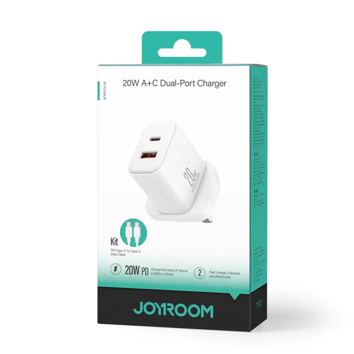 UK адаптер Joyroom JR-TCF05 20W USB-A USB-C + кабел бял