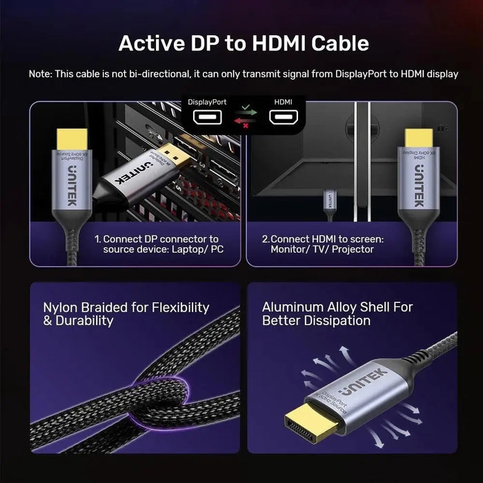 UNITEK КАБЕЛ DISPLAYPORT 1.4 КЪМ HDMI 2.1 8K 1.8M