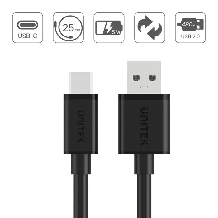 UNITEK USB КАБЕЛ USB-A — USB-C 25CM Y-C480BK