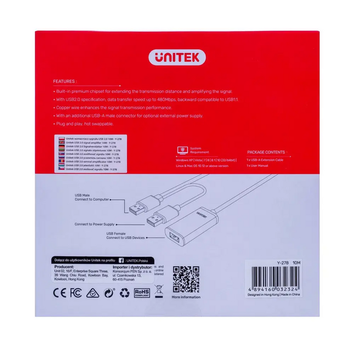 UNITEK Y-278 USB кабел USB 2.0 10 m 2 x USB A USB A Черен