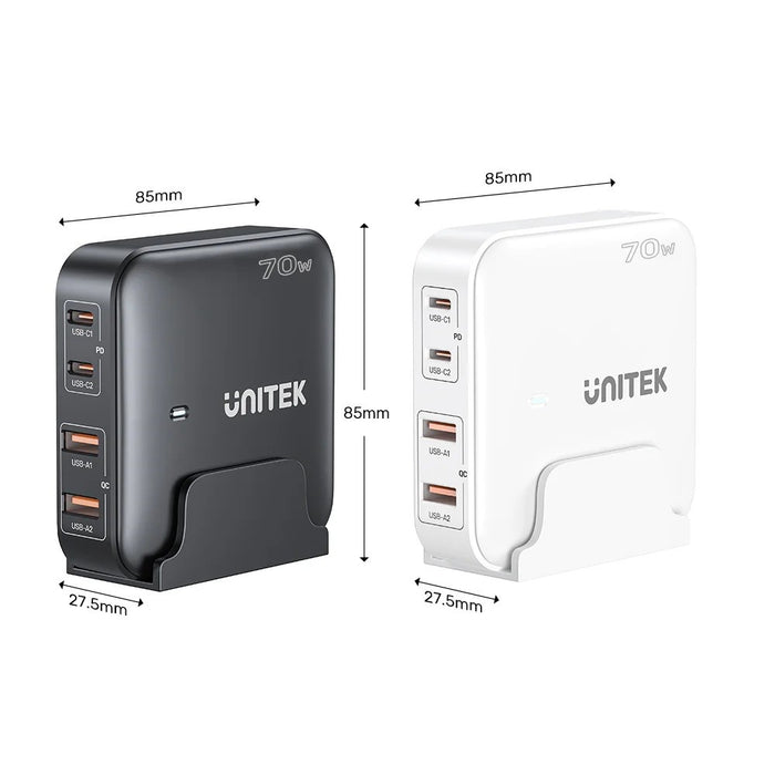 Мрежово зарядно устройство GaN - Unitek P1228ABK01-EU | 70W 2x USB-C 2x USB-A