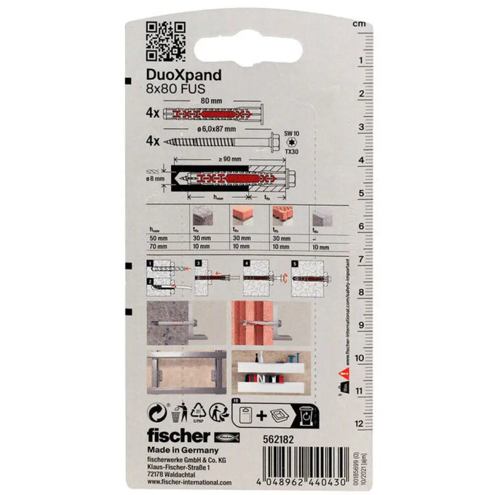 УНИВЕРСАЛЕН ДЮБЕЛ С ВИНТ 8X80 FUS K 4 БР. FISCHER DUOXPAND