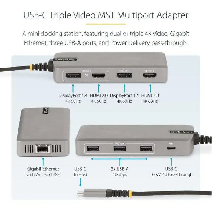 USB-C извод Startech 117B-USBC-MULTIPORT Сив 100 W