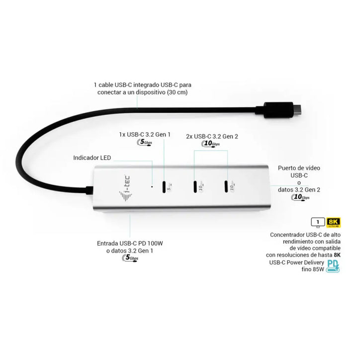 USB извод i-Tec C31HUBMETAL8KPDPRO Сребрист