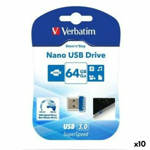 USB стик Verbatim NANO STORE’N’STAY Син Черен 64 GB (10