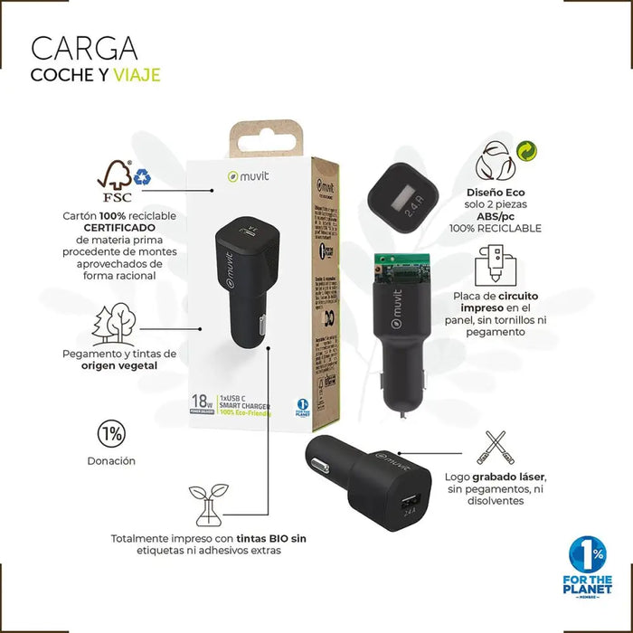 USB зарядно за кола Muvit Черен 30 W