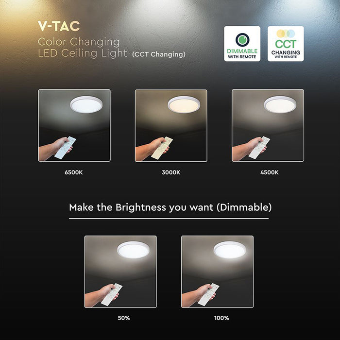 LED ПЛАФОН 36W 39СМ 3CCT БЯЛ ДИСТАНЦИОННО УПРАВЛЕНИЕ V-TAC