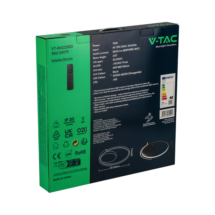 LED ПЛАФОН 70W ДИСТАНЦИОННO УПРАВЛЕНИЕ ЧЕРЕН КРЪГ 84025 V-TAC