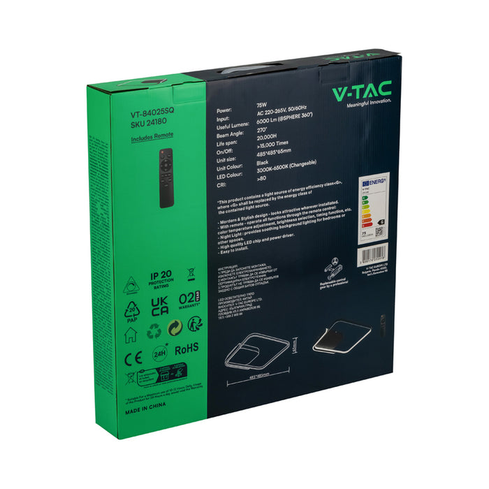 LED ПЛАФОН 75W ДИСТАНЦИОННО УПРАВЛЕНИЕ ЧЕРЕН КВАДРАТ 84025 V-TAC