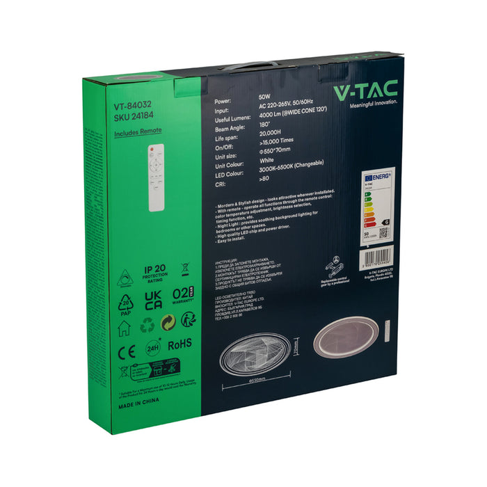 LED ПЛАФОН 50W ДИСТАНЦИОННО УПРАВЛЕНИЕ СИВ 84032 V-TAC