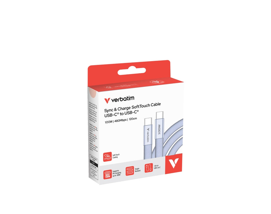 Кабел Verbatim Sync & Charge SoftTouch USB-C към C 100W 120 см - лилав