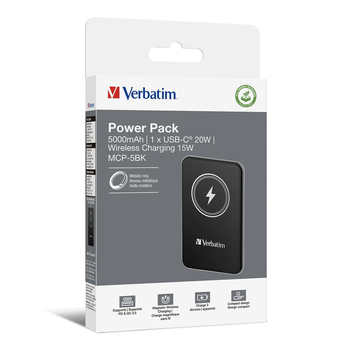 Verbatim MCP-5BK Power Pack 5000 mAh с UBS-C PD 20W / Магнитно безжично зареждане 15W Черен