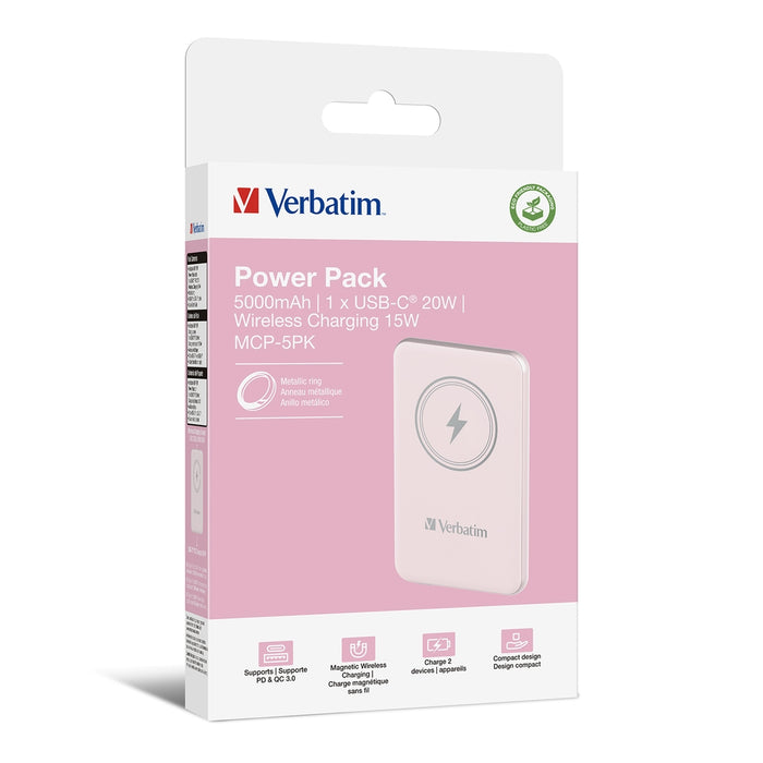 Verbatim MCP-5PK Power Pack 5000 mAh с UBS-C PD 20W / Магнитно безжично зареждане 15W Розов