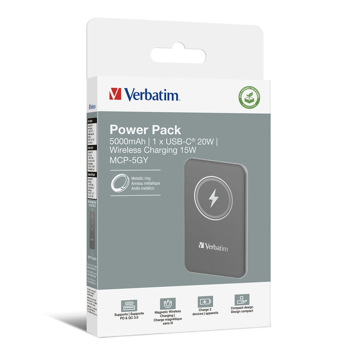 Verbatim MCP-5GY Power Pack 5000 mAh с UBS-C PD 20W / Магнитно безжично зареждане 15W Сив