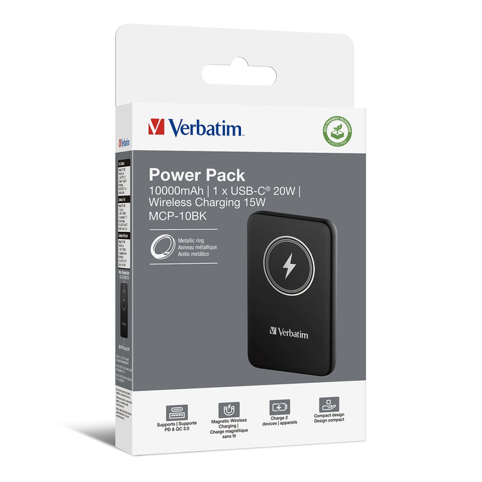 Verbatim MCP-10BK Power Pack 10000 mAh с UBS-C PD 20W / Магнитно безжично зареждане 15W Черен