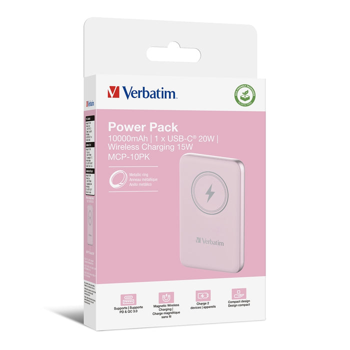 Verbatim MCP-10PK Power Pack 10000 mAh с UBS-C PD 20W / Магнитно безжично зареждане 15W Розов