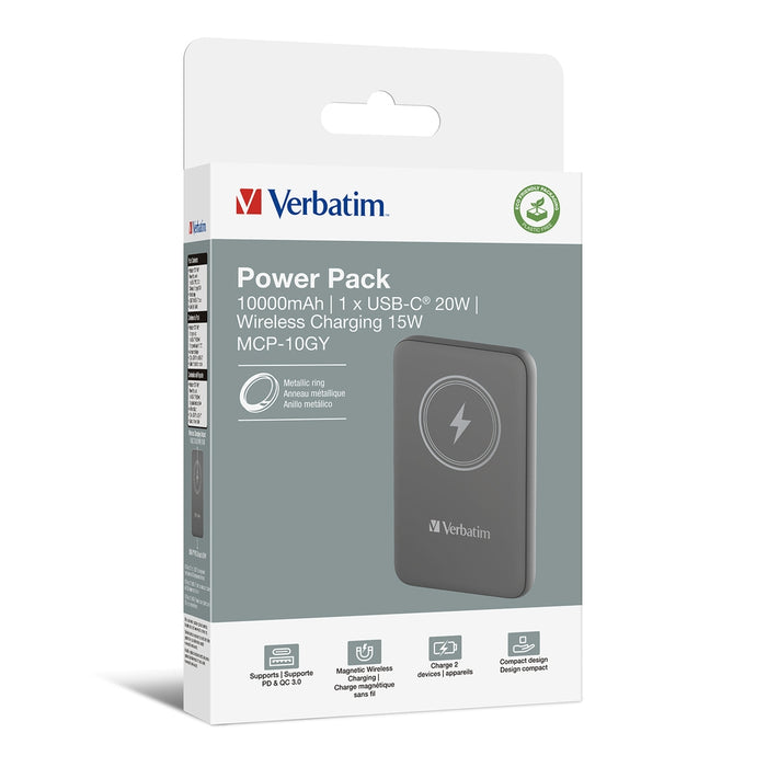 Verbatim MCP-10GY Power Pack 10000 mAh с UBS-C PD 20W / Магнитно безжично зареждане 15W Сив