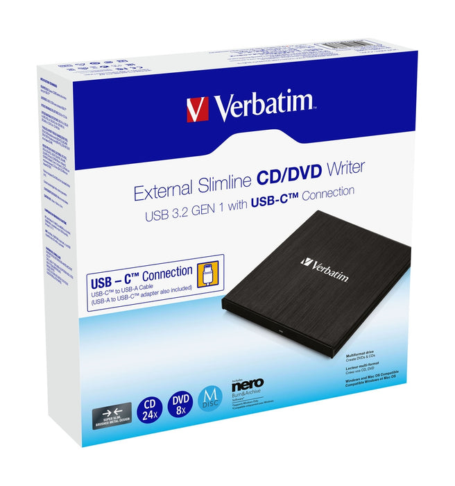 Verbatim външно тънко CD/DVD записващо устройство USB 3.2 Gen 1/USB-C