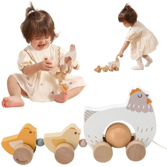 Дървена играчка за дърпане Viga Toys - PolarB, кокошка с пиленца