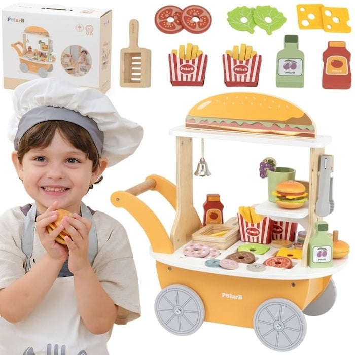 Дървен игрален комплект Viga Toys PolarB - Количка за бургери и напитки, с 46 аксесоара