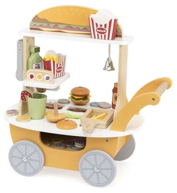 Дървен игрален комплект Viga Toys PolarB - Количка за бургери и напитки, с 46 аксесоара