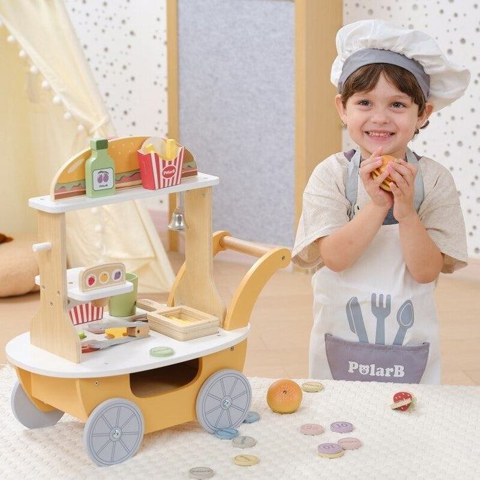 Дървен игрален комплект Viga Toys PolarB - Количка за бургери и напитки, с 46 аксесоара