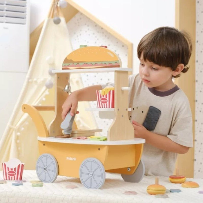 Дървен игрален комплект Viga Toys PolarB - Количка за бургери и напитки, с 46 аксесоара