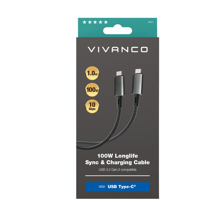 Кабел VIVANCO USB C 3.2 LONGLIFE 1 m 64011 до 100 W и до 10 Gbps