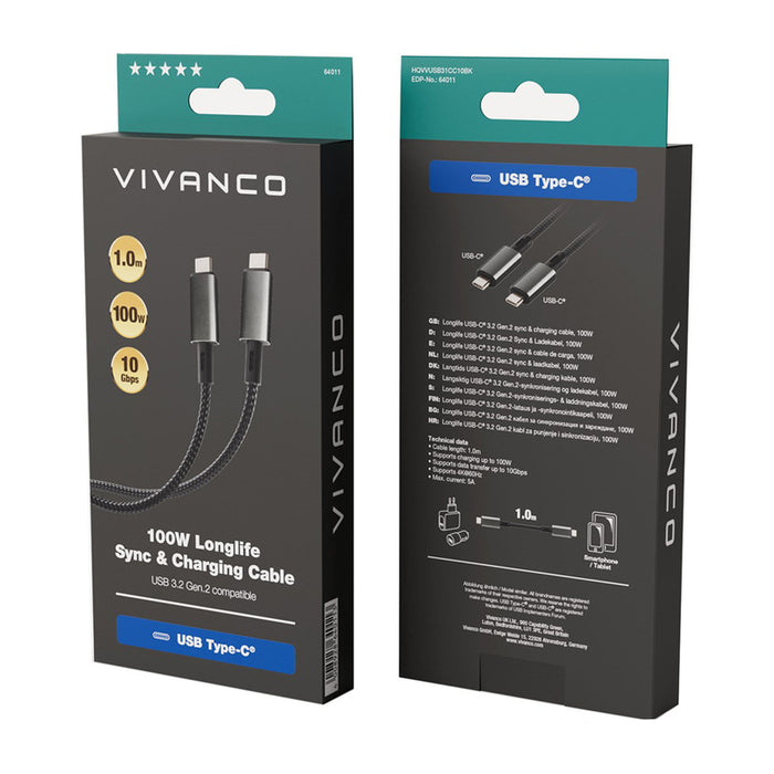 Кабел VIVANCO USB C 3.2 LONGLIFE 1 m 64011 до 100 W и до 10 Gbps