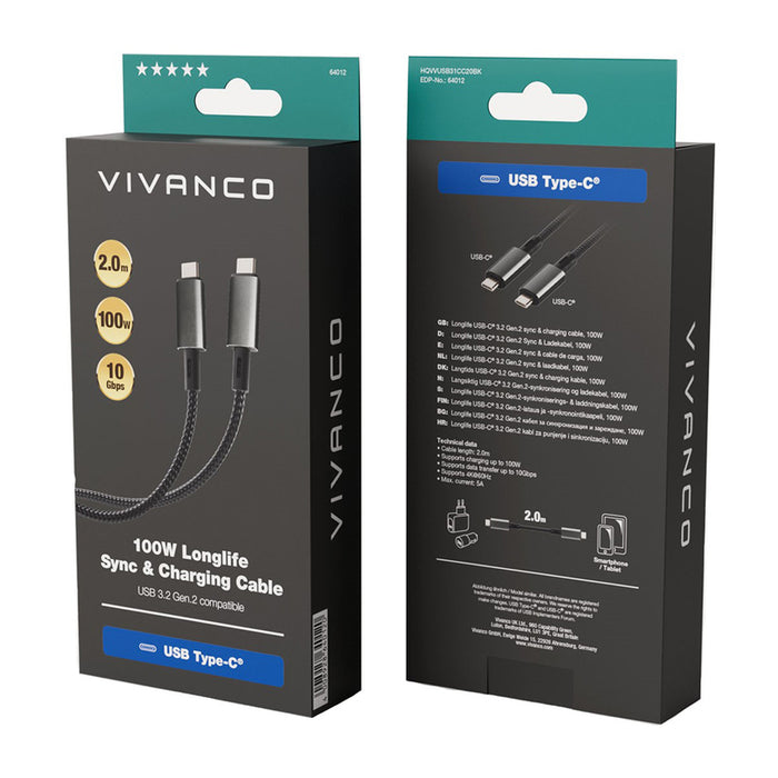 Кабел VIVANCO USB C 3.2 LONGLIFE 2 m 64012 до 100 W и до 10 Gbps