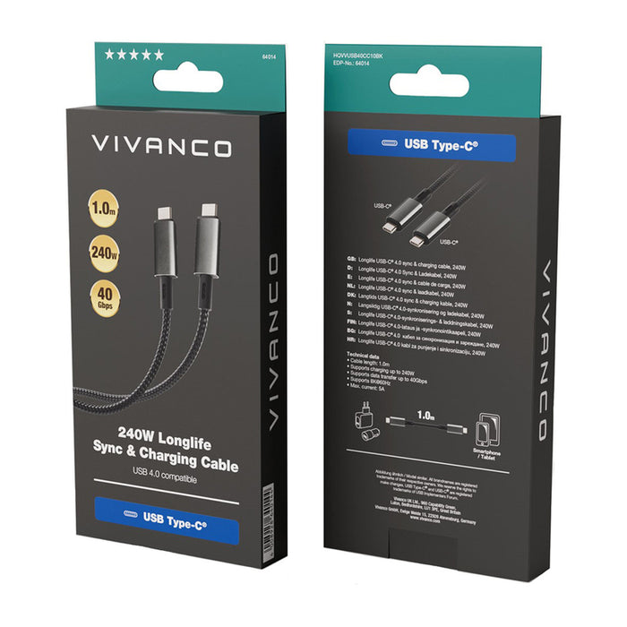 Кабел VIVANCO USB C 4.0 LONGLIFE 1 m 640124 до 240 W и до 40 Gbps