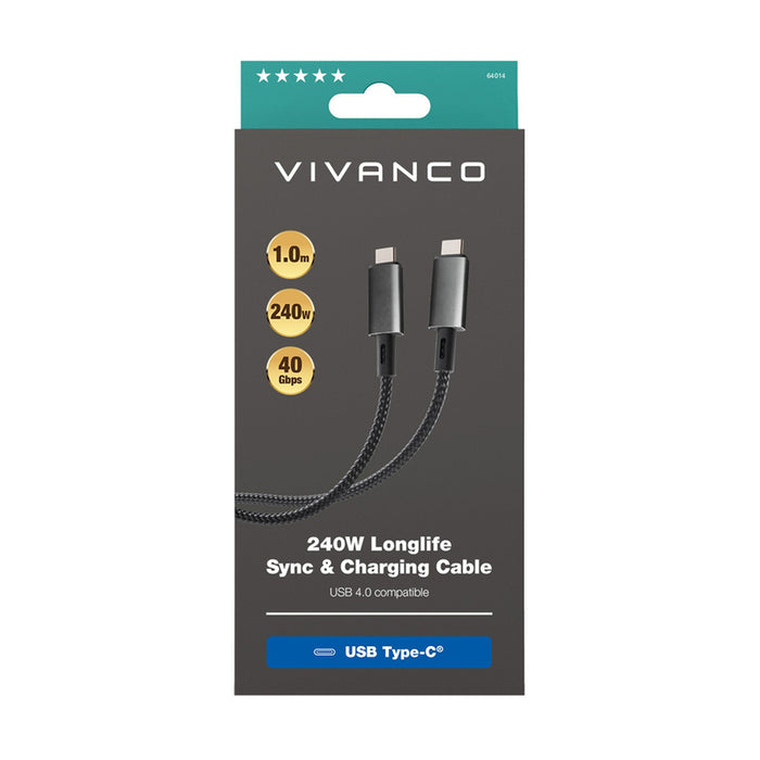 Кабел VIVANCO USB C 4.0 LONGLIFE 1 m 640124 до 240 W и до 40 Gbps