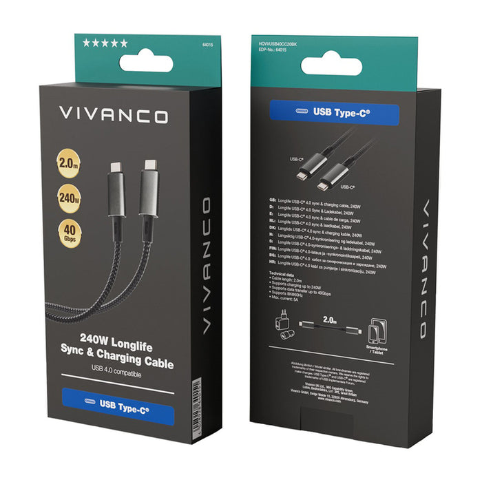 Кабел VIVANCO USB C 4.0 LONGLIFE 2 m 64015 до 240 W и до 40 Gbps