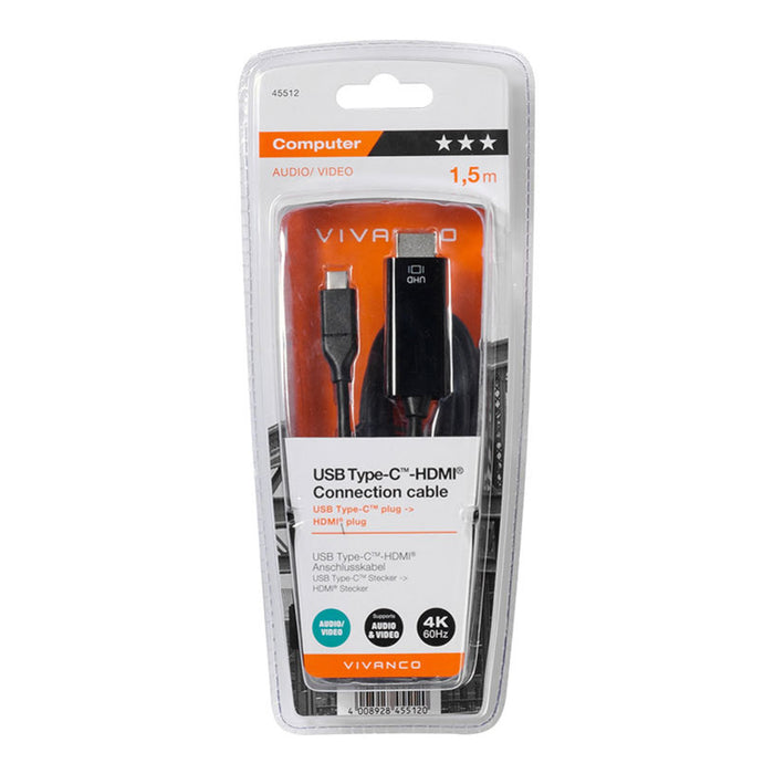 Адаптор Кабел от USB-C към HDMI VIVANCO Съвместим с DP или Thunderb USB-C to HDMI 1.5 m 45512 работи само в тази посока