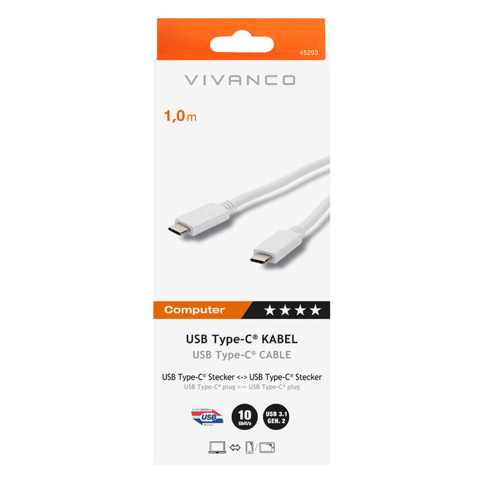Кабел VIVANCO USB-C-USB-C 3.1 1m 45293 White E-Marker Chip, 20V,3A,60W max