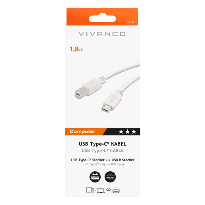Кабел VIVANCO USB-C-USB-B 1.8 m 45355 White