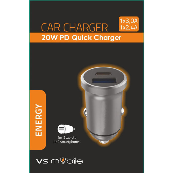 ЗАРЯДНО ЗА КОЛА VSMOBILE 12V 20W PD USB-A+USB-C