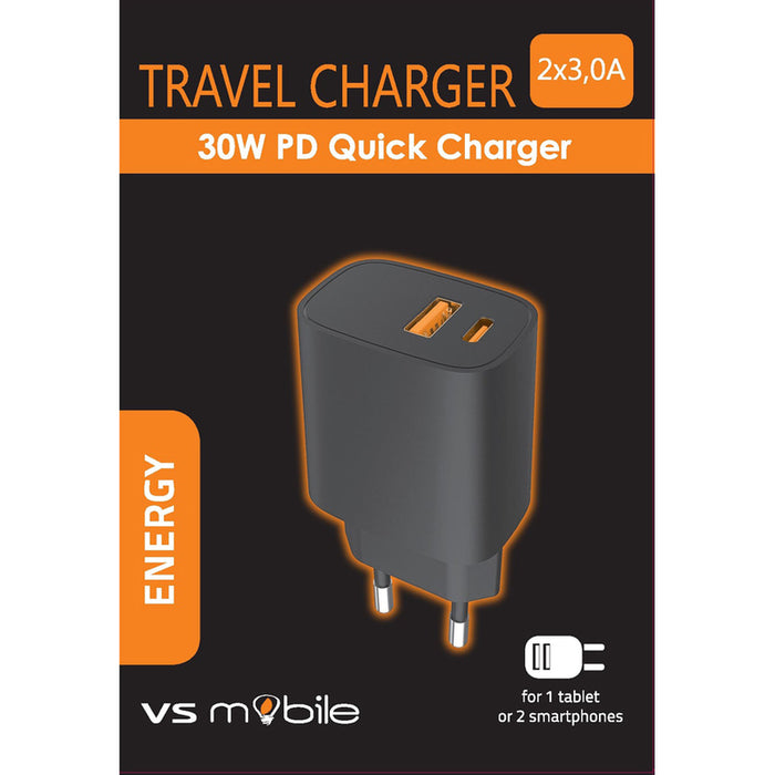 ЗАРЯДНО ОТ ЕЛ. МРЕЖА VSMOBILE 220V 30W PD USB-A+USB-C BLACK