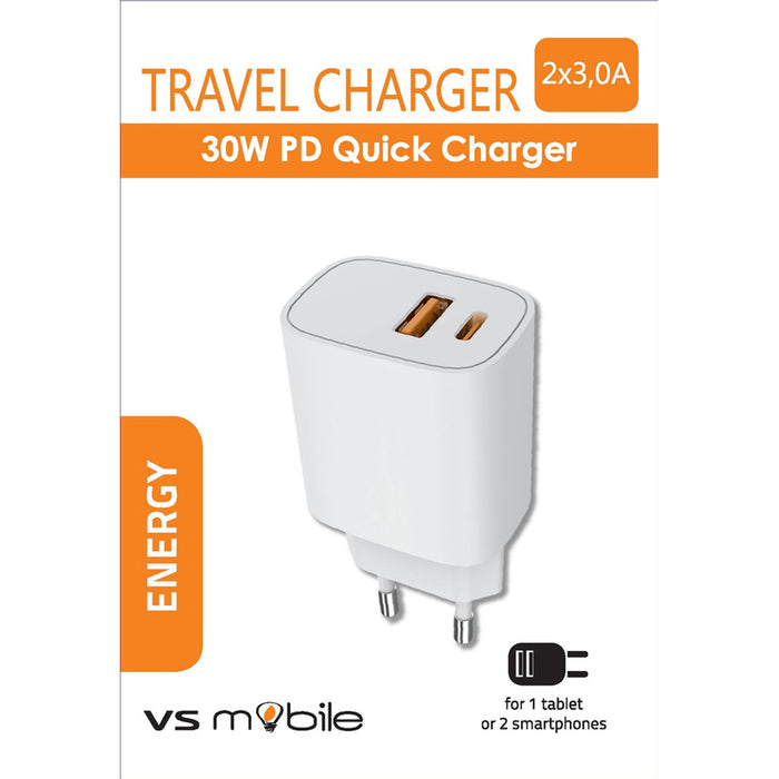 ЗАРЯДНО ОТ ЕЛ. МРЕЖА VSMOBILE 220V 30W PD USB-A+USB-C WHITE