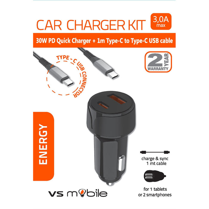 ЗАРЯДНО 12V VSMOBILE 15W USB-A+C+КАБЕЛ