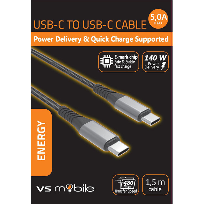 КАБЕЛ USB-C PD 140W, 5A, 1.5 m BLACK