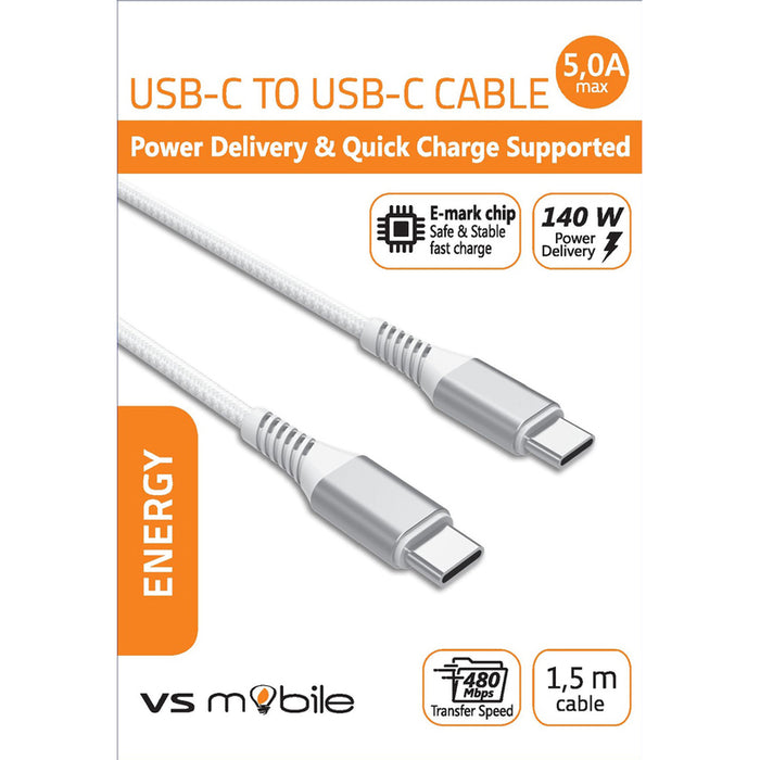 КАБЕЛ USB-C PD 140W, 5A, 1.5 m WHITE