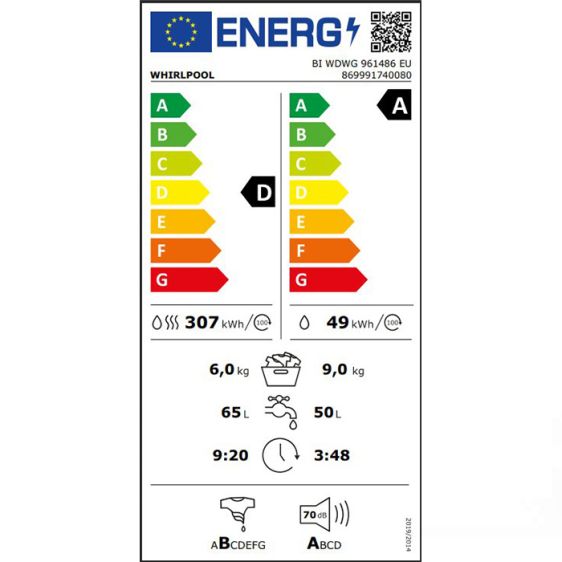 Пералня със сушилня за вграждане WHIRLPOOL BI WDWG 961486 EU, 9/6 кг, FreshCare+, 1400 об/мин