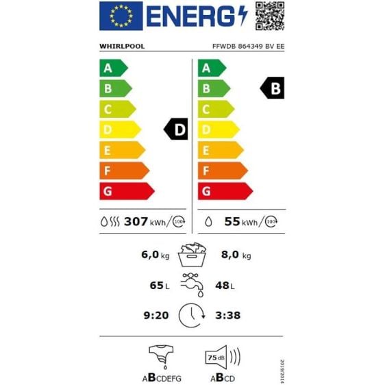Пералня със сушилня WHIRLPOOL FFWDB 864349 BV EE, 8/6 кг, FreshCare+, 1400 об/мин.
