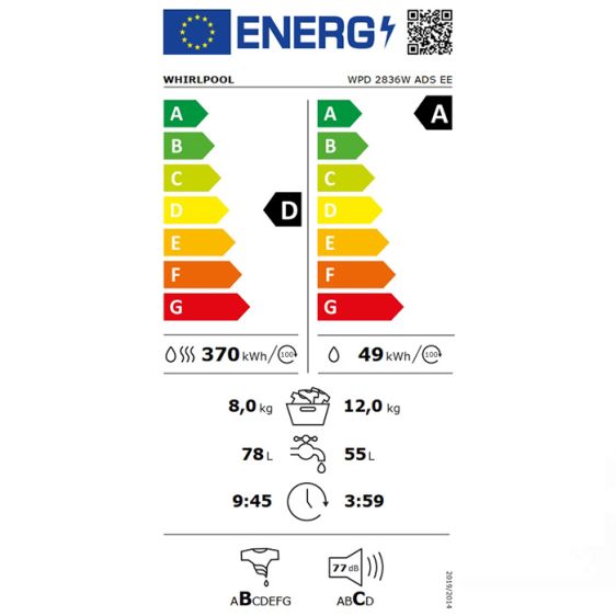Пералня със сушилня WHIRLPOOL WPD 2836W ADS EE, 12/8 кг, 6th SENSE, FreshCare+, 1400 об/мин.