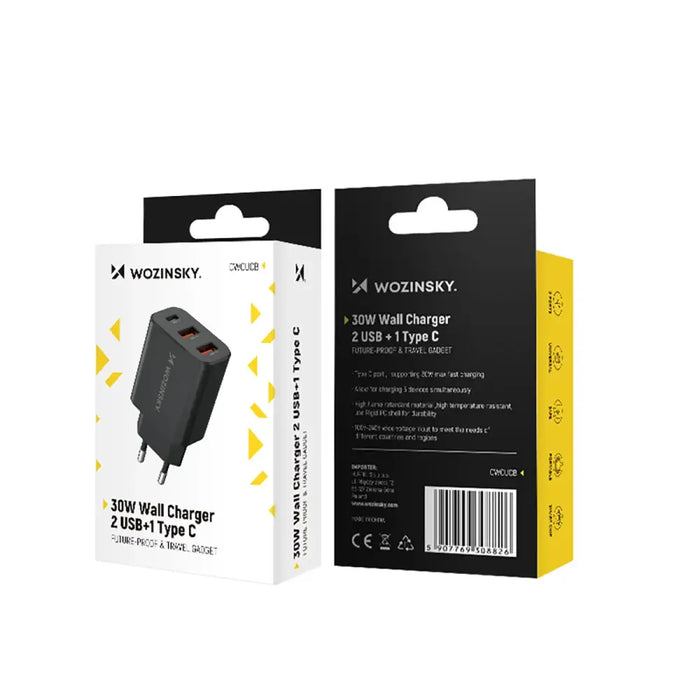 Wozinsky CWCUCB 30W USB-C / 2 x USB-A стенно зарядно - черно