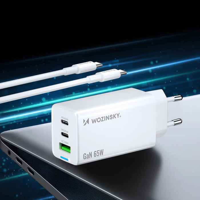 Wozinsky GaN 65W зарядно с 2xUSB-C USB порта с 65W CC кабел
