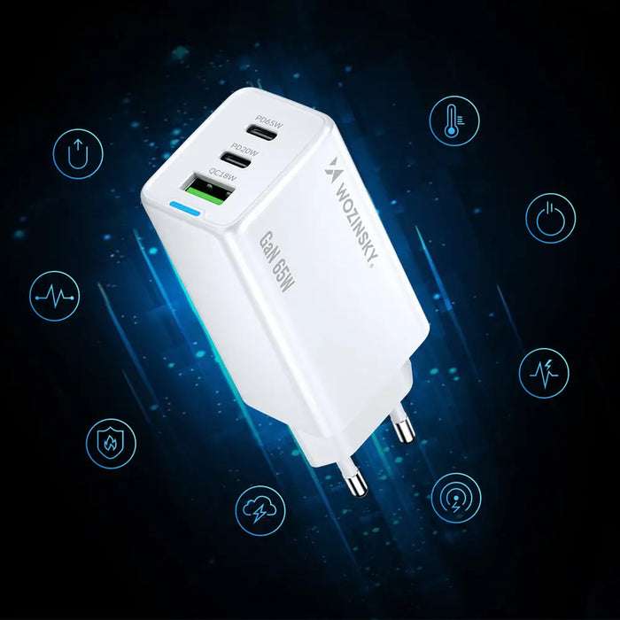 Wozinsky GaN 65W зарядно с 2xUSB-C USB порта с 65W CC кабел