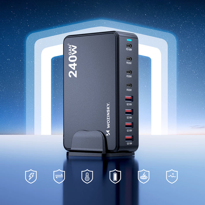 Зарядна станция Wozinsky 240W GaN QC3 - Черна
