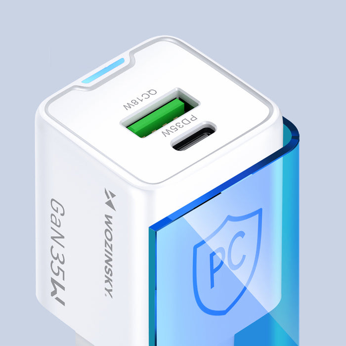 Зарядно за стена Wozinsky WWC-35W GaN USB-A + USB-C - бяло